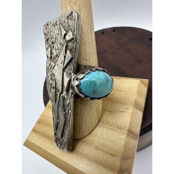 VTG Huge Brutalist Modernist Sterling Silver Turquoise Ring Signed DW Size 8.5 - Picture 3 of 14